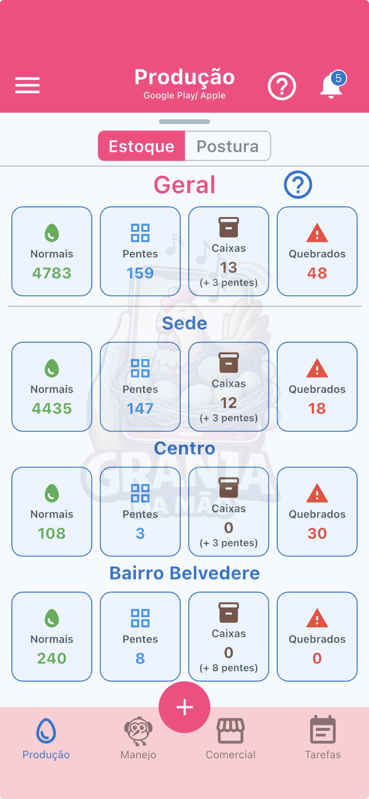Tela de estoque de ovos do aplicativo Granja na Mão