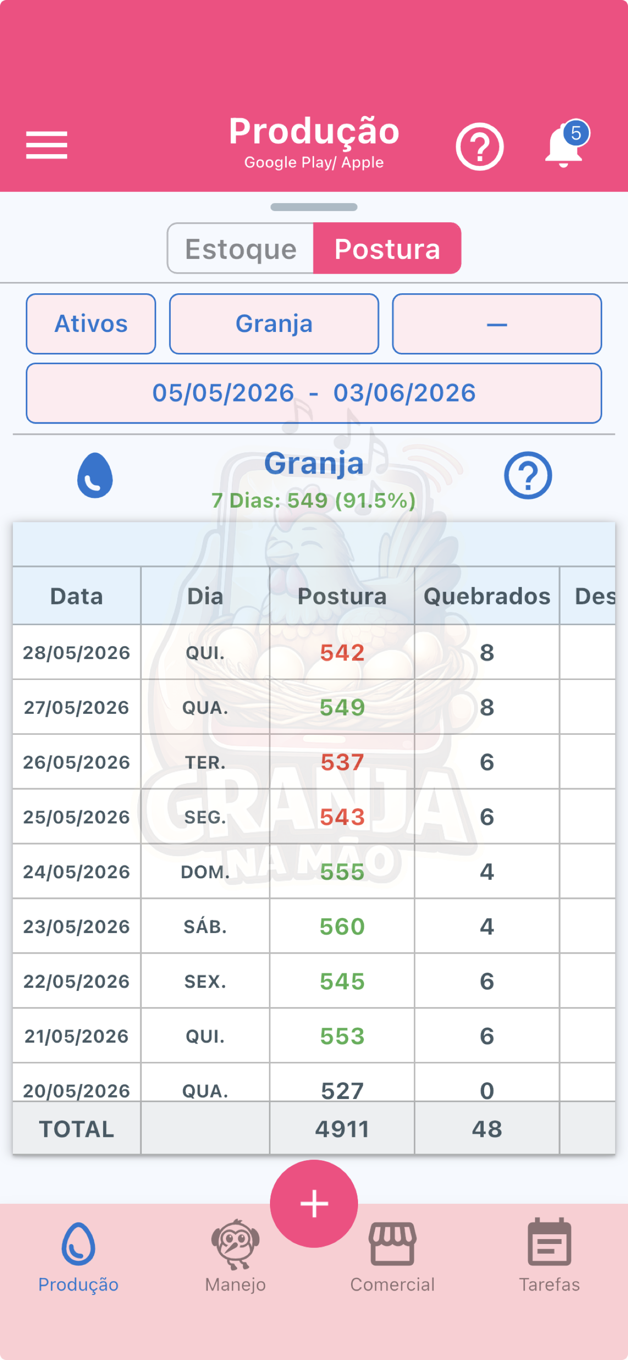 Tela de postura do aplicativo Granja na Mão