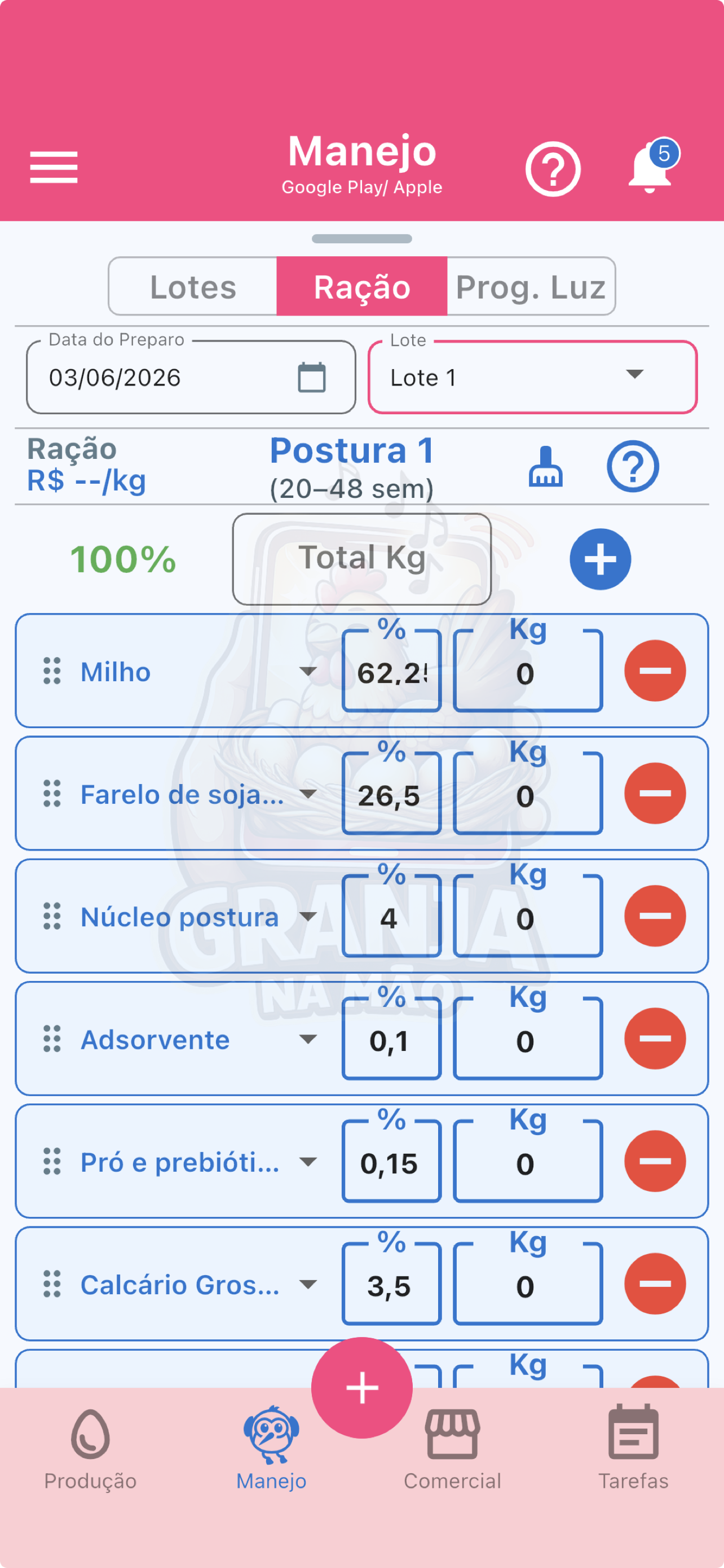 Tela de formulação de ração do aplicativo Granja na Mão