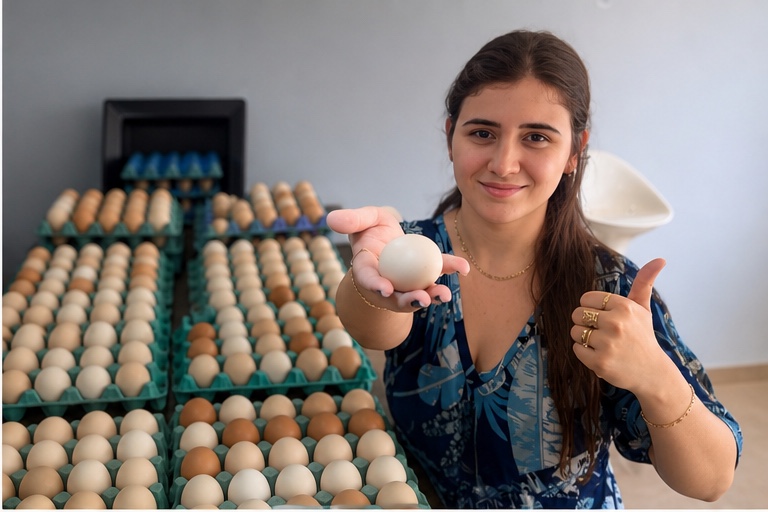 Amanda segurando um ovo ao lado das bandejas de ovos