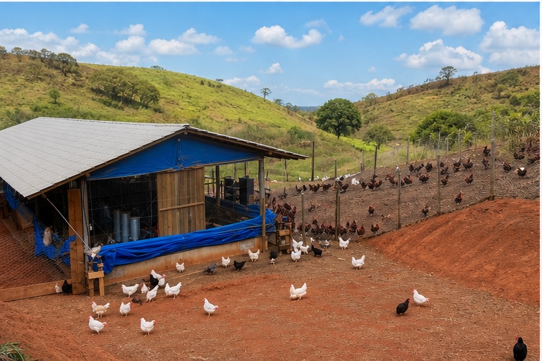 Vista externa de uma granja caipira com galinhas soltas